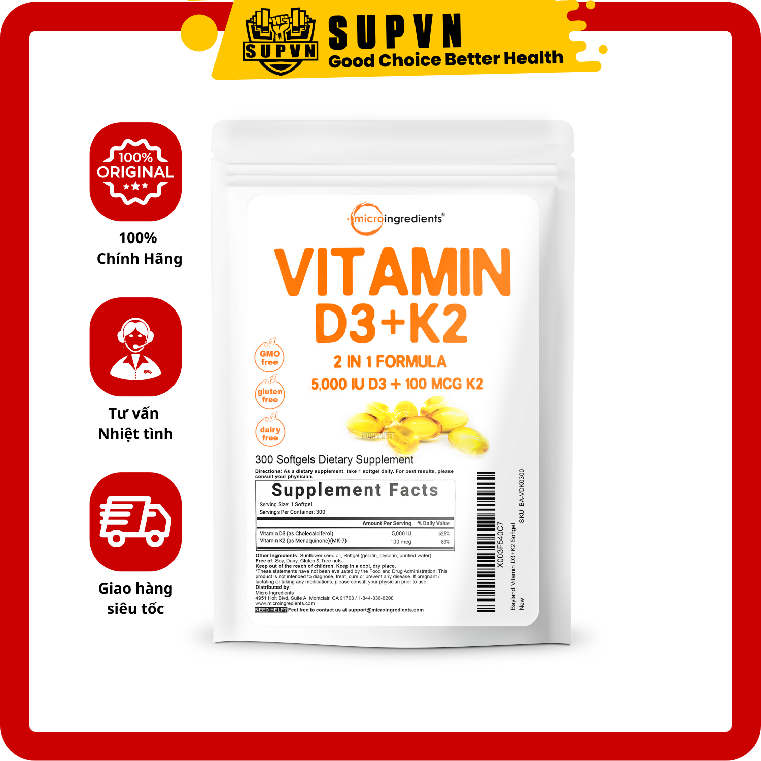 Micro Ingredients Vitamin D3 K2 MK7 (300 viên) - Hỗ Trợ Xương Chắc Khỏe, Giảm Mệt Mỏi Căng Thẳng Khi Tập Luyện