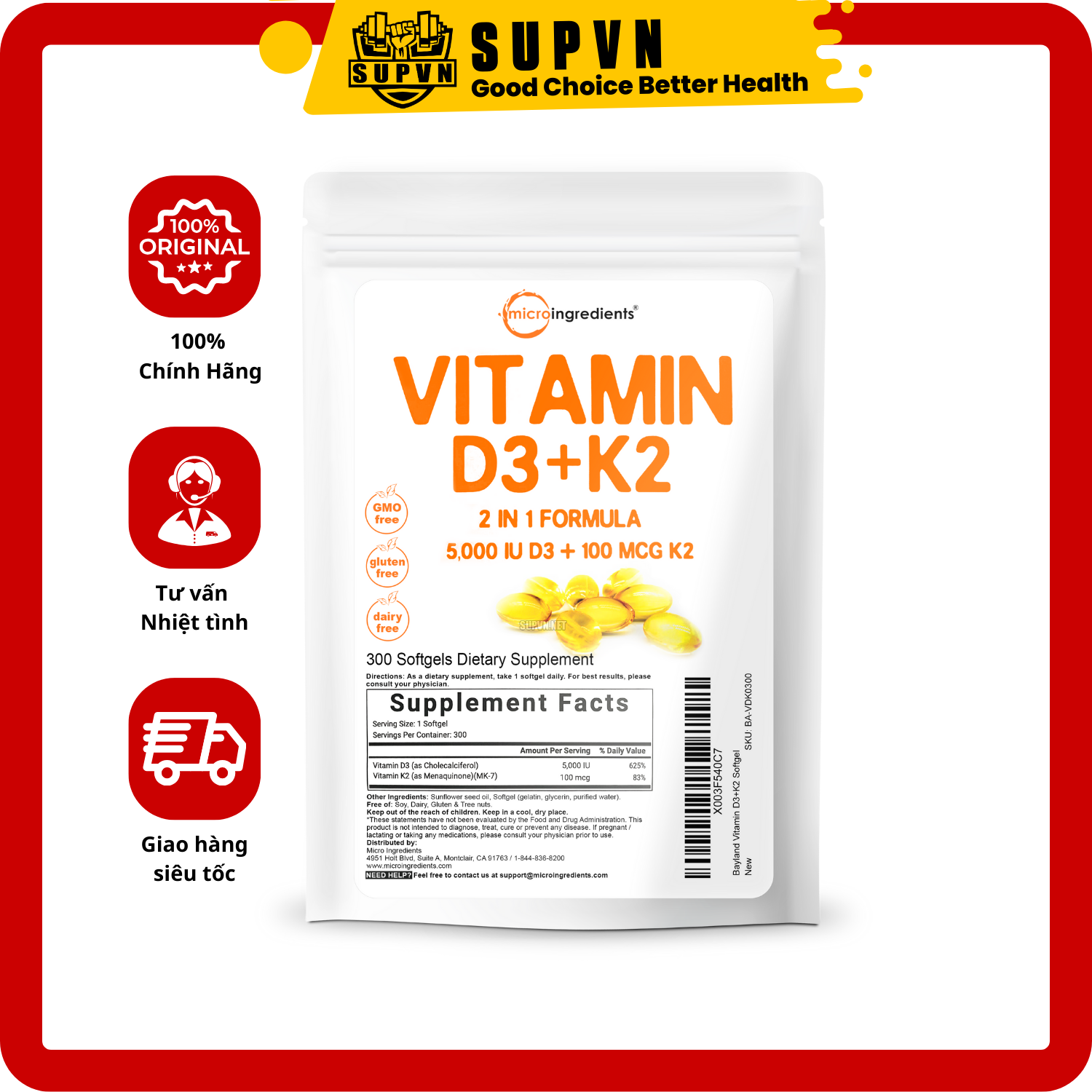 Micro Ingredients Vitamin D3+K2 MK7 (300 viên) - Hỗ Trợ Xương Chắc Khỏe, Giảm Mệt Mỏi Căng Thẳng Khi Tập Luyện