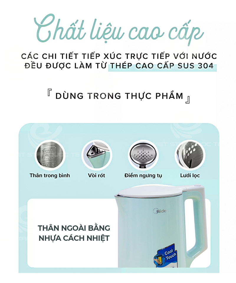 Bình đun siêu tốc Midea 1.7 lít MK-17DG - Xanh - Hàng Chính Hãng