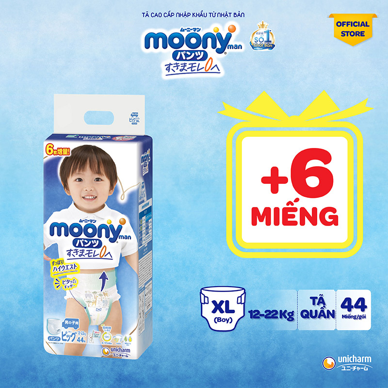 [CỘNG 6 MIẾNG] Tã quần Moony cao cấp XL38+6 (Boy) - Nhập khẩu từ Nhật Bản