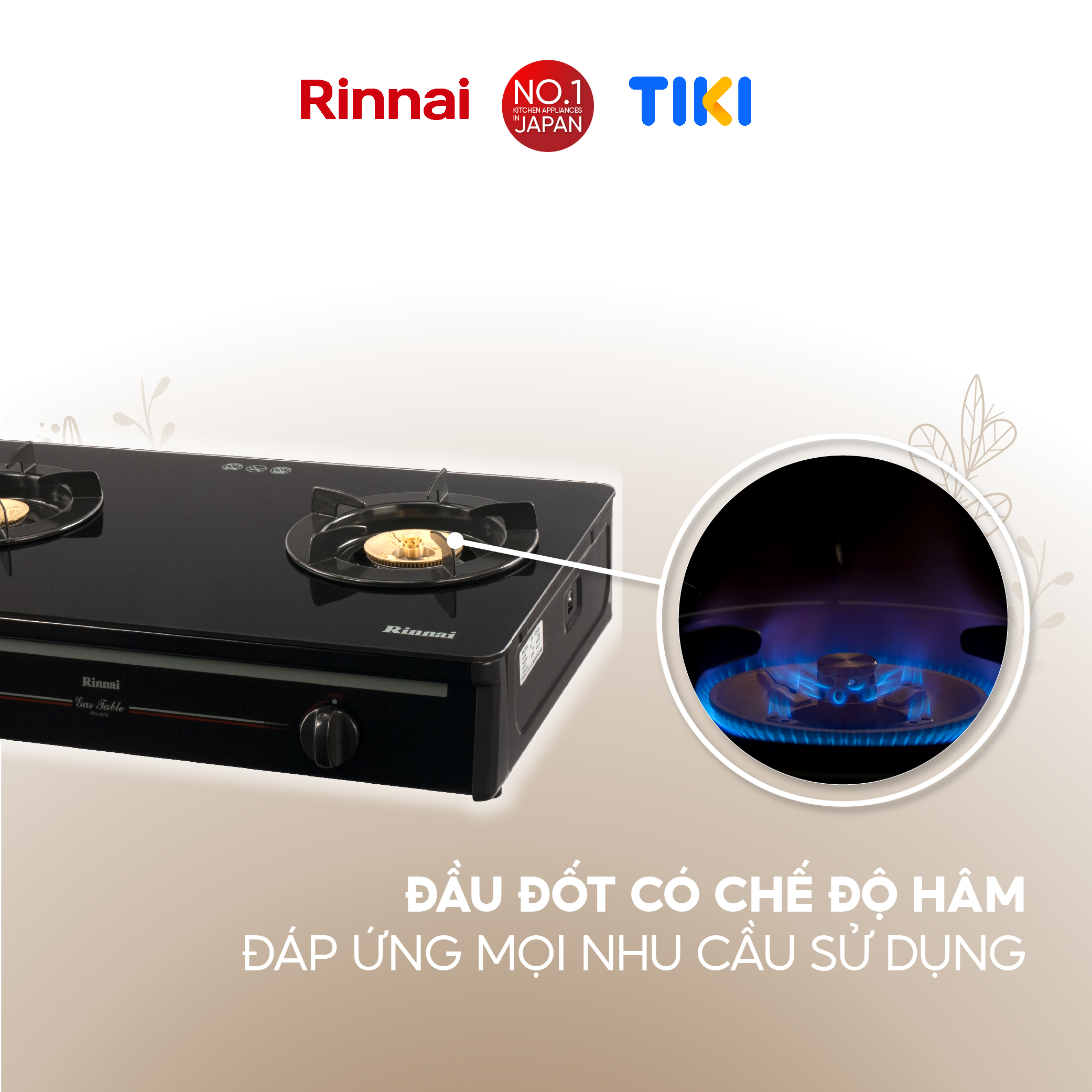 Bếp gas dương Rinnai RV-970(GL) mặt bếp kính và kiềng bếp men - Hàng chính hãng