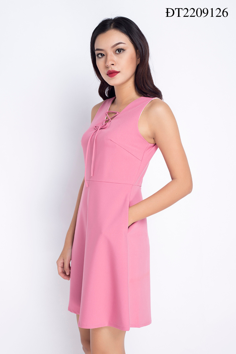 Đầm xòe dạo phố đan dây_ Hồng