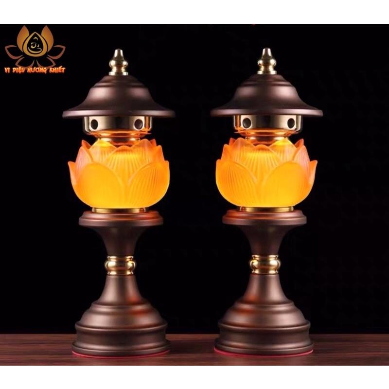 CẶP 2 CÂY ĐÈN LED HOA SEN LƯU LY ĐỎ CAM VÀNG THỜ CÚNG TRANG TRÍ
