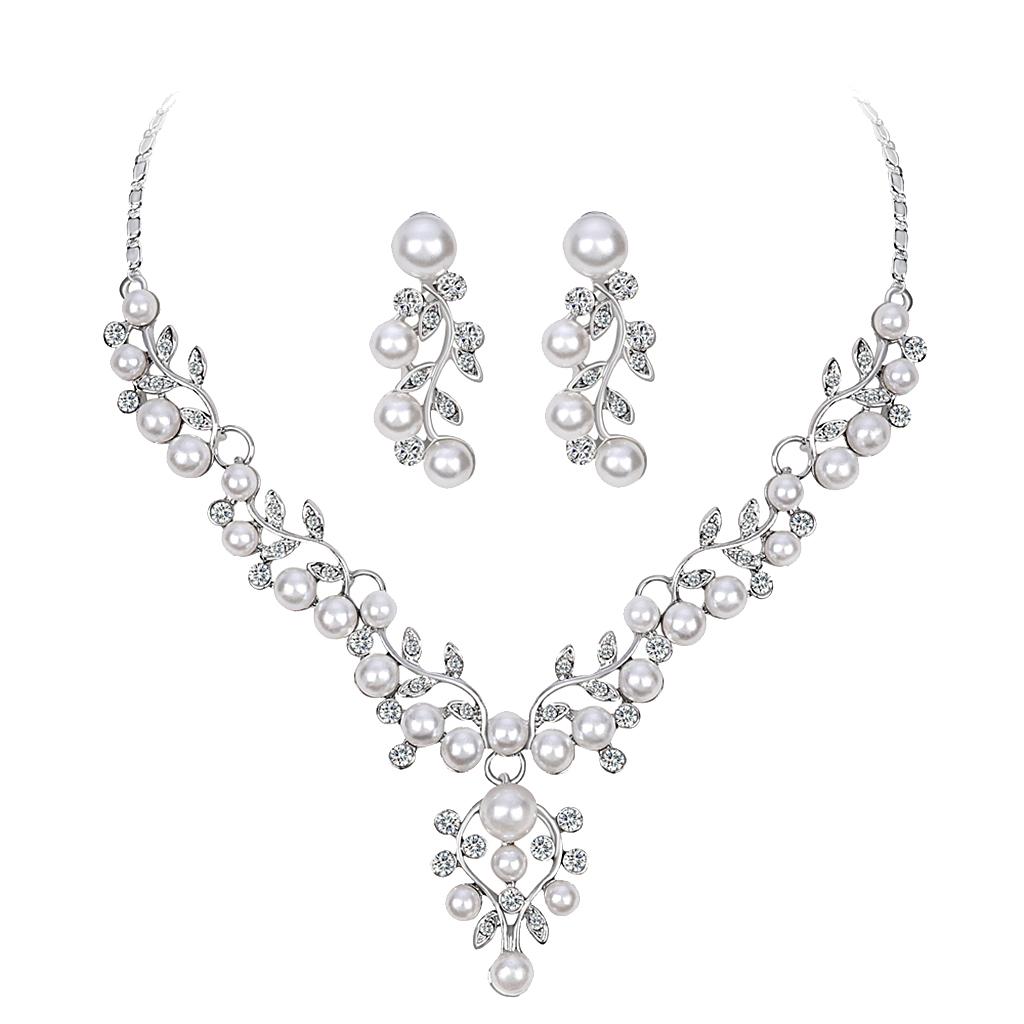 Crystal Rhinestone Pearl Flower Leaf Necklace Earrings Set Wedding Jewelry