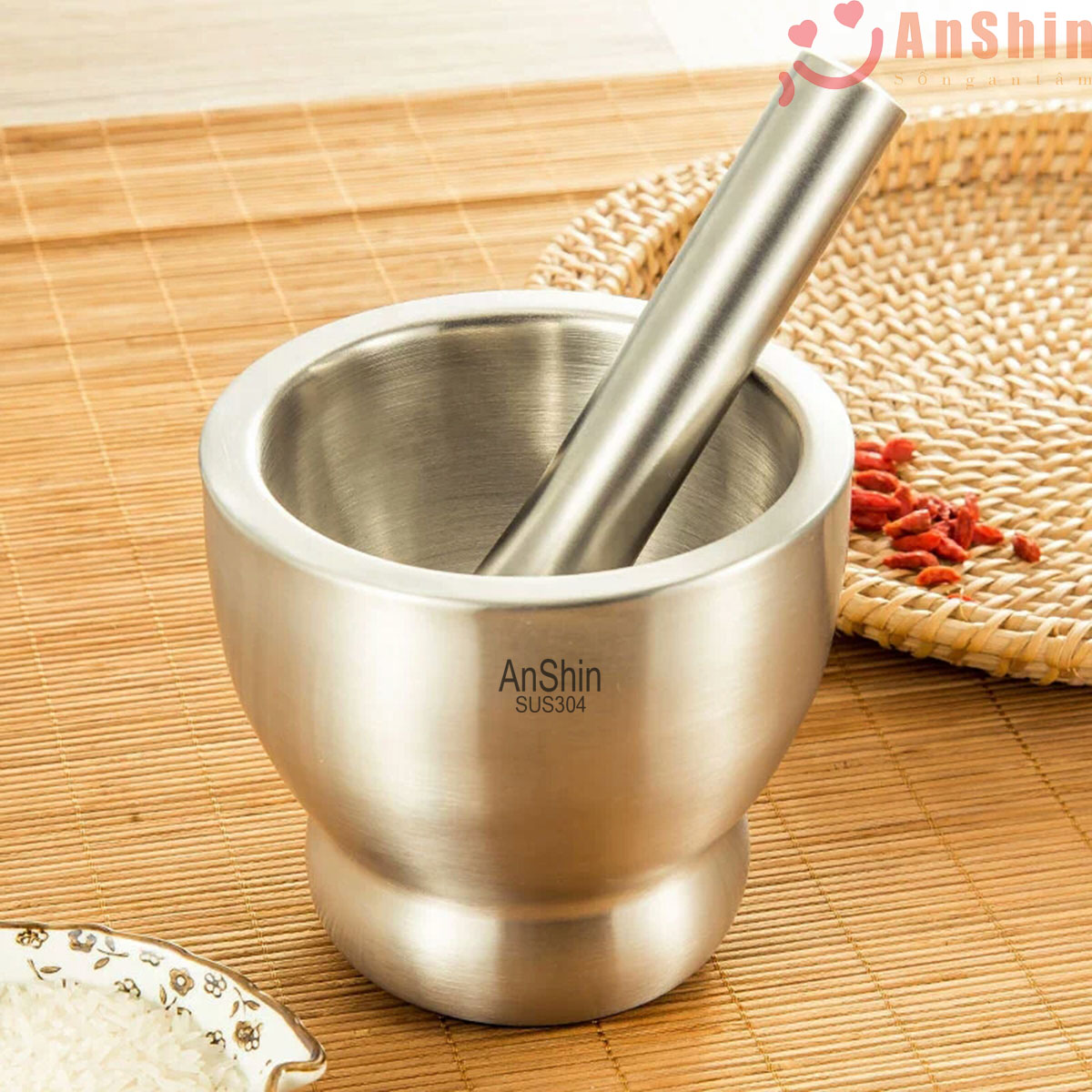 Cối chày Inox 304 Anshin - dáng ly đường kính 13, 15cm