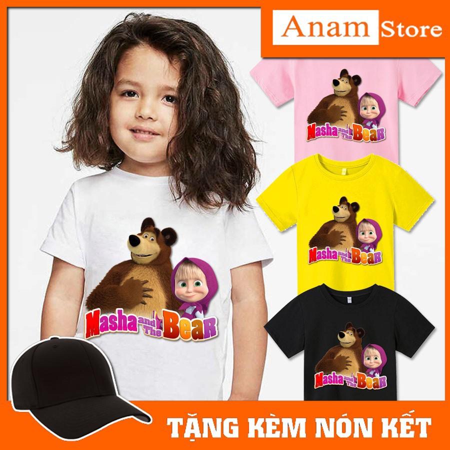 Áo thun trẻ em Masha và gấu, Tặng kèm nón kết, có size người lớn, Anam Store