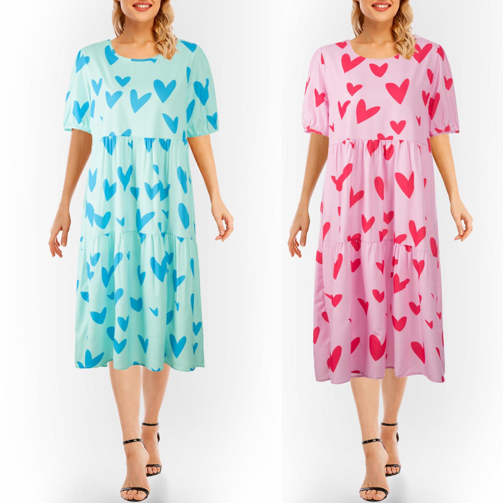 Women Midi Dress Heart Print O Neck Puff Sleeves Summer Loose Bohemian Long Dress for Beach Holiday