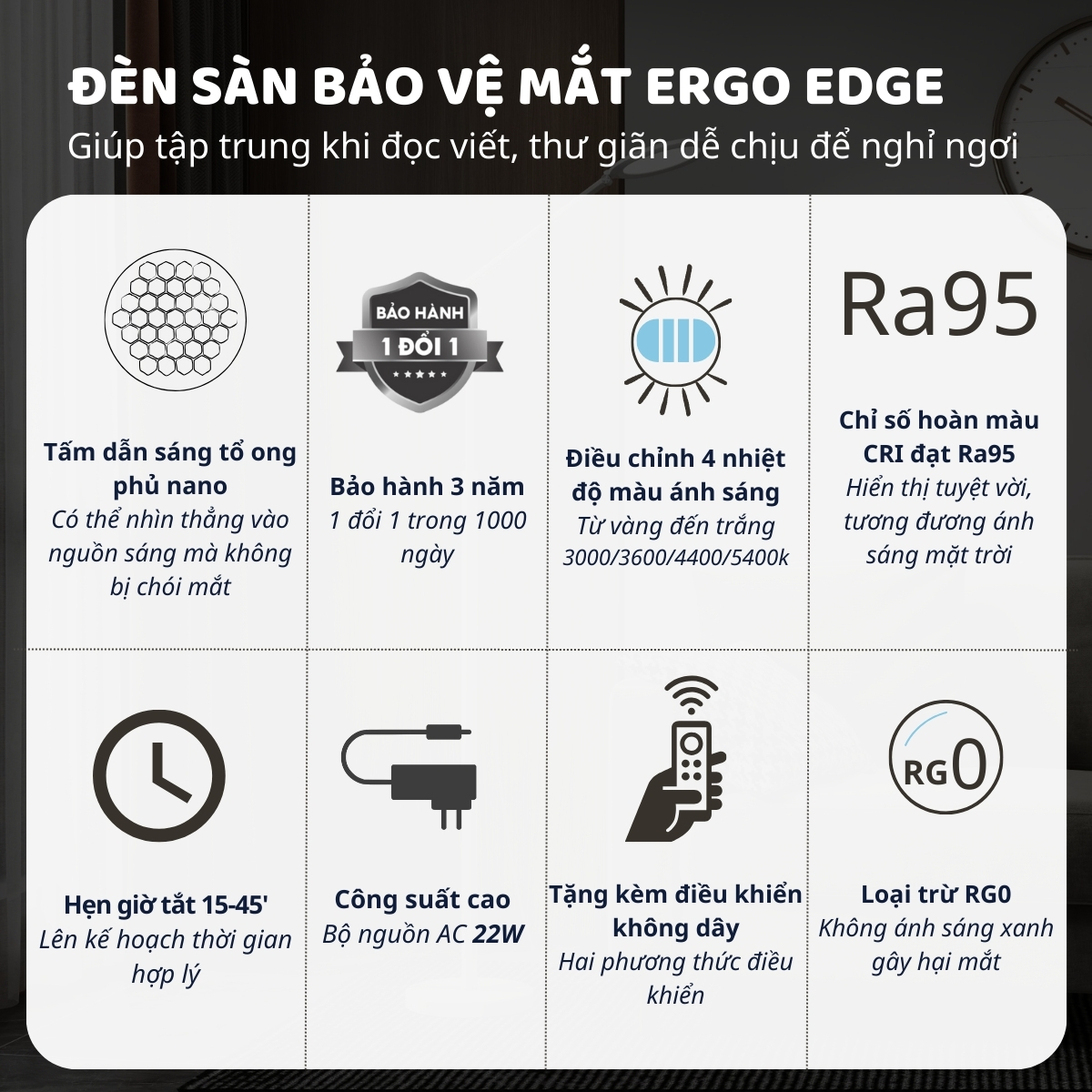 Đèn sàn LED bảo vệ mắt thông minh Ergo Edge chống cận để học tập, làm việc, đọc sách