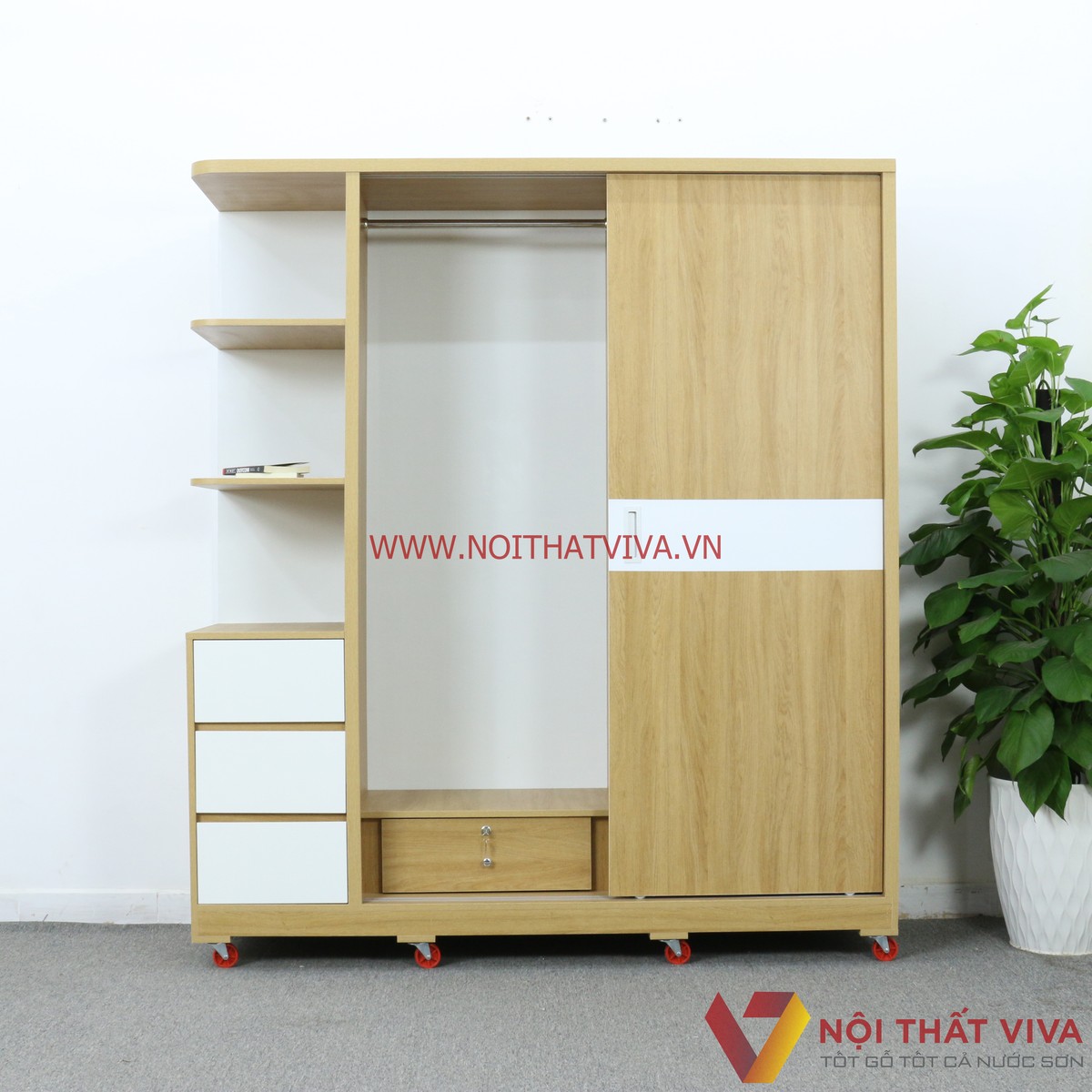 Tủ Áo Cửa Lùa Gỗ MDF Có Kệ Trang Trí Màu Vàng Vân Gỗ Chỉ Trắng Đẹp