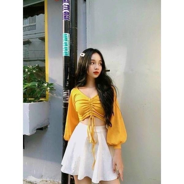 Áo Croptop Tay Dài Phồng Rút Dây Giữa Cổ Tim A5163