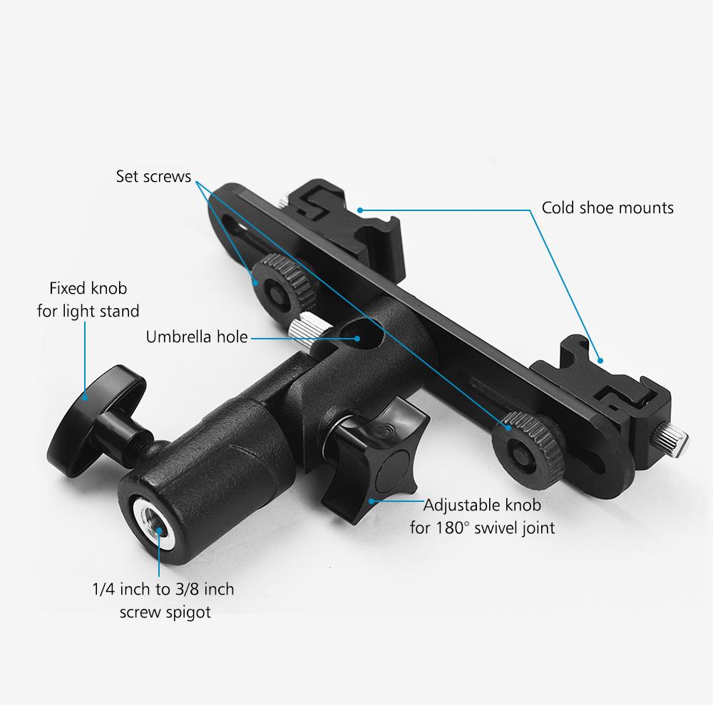 Giá đỡ đèn flash kép hình chữ T với 2 giá treo 1/4 inch đến 3/8 inch