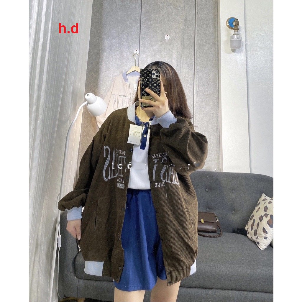 Áo Khoác Nữ Mùa Đông Bomber Nhung Tăm Unisex Dáng Rộng Cao Cấp