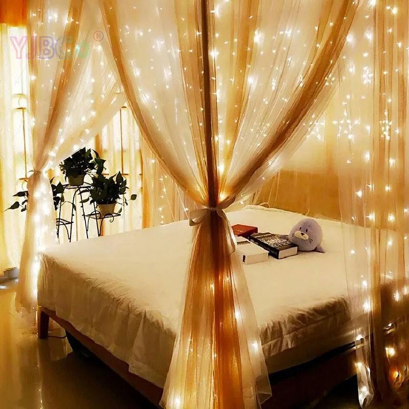 Đèn Trang Trí Dây đèn rèm trang trí mưa rơi vàng ấm chớp nháy 8 chế độ kích thước 3m x 3m