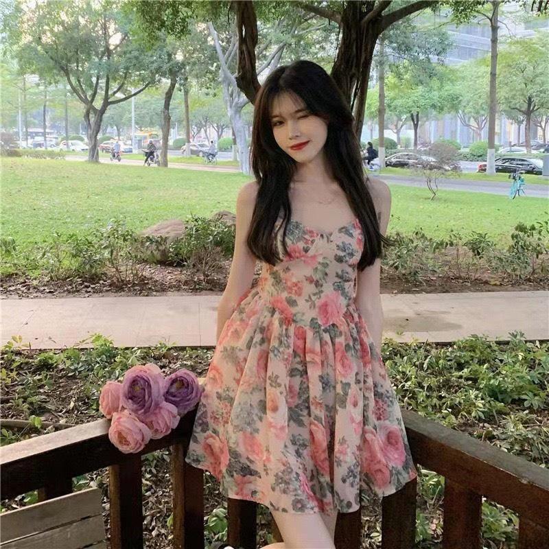 Váy nữ đầm vintage sang chảnh hai dây eo cao hoa hồng mùa hè siêu xinh Pasana0002v