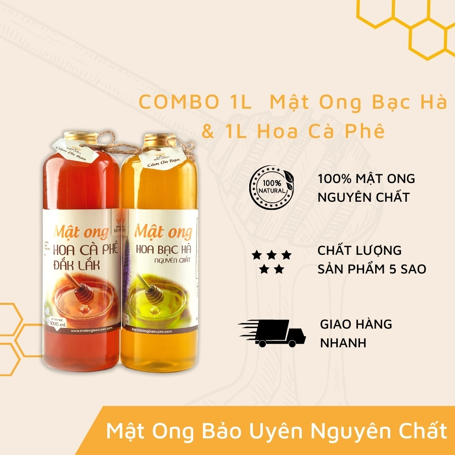 COMBO Mật Ong Hoa Cà Phê Và Bạc Hà Nguyên Chất 100% Tự Nhiên Bảo Uyên Dung Tích 2 Lít