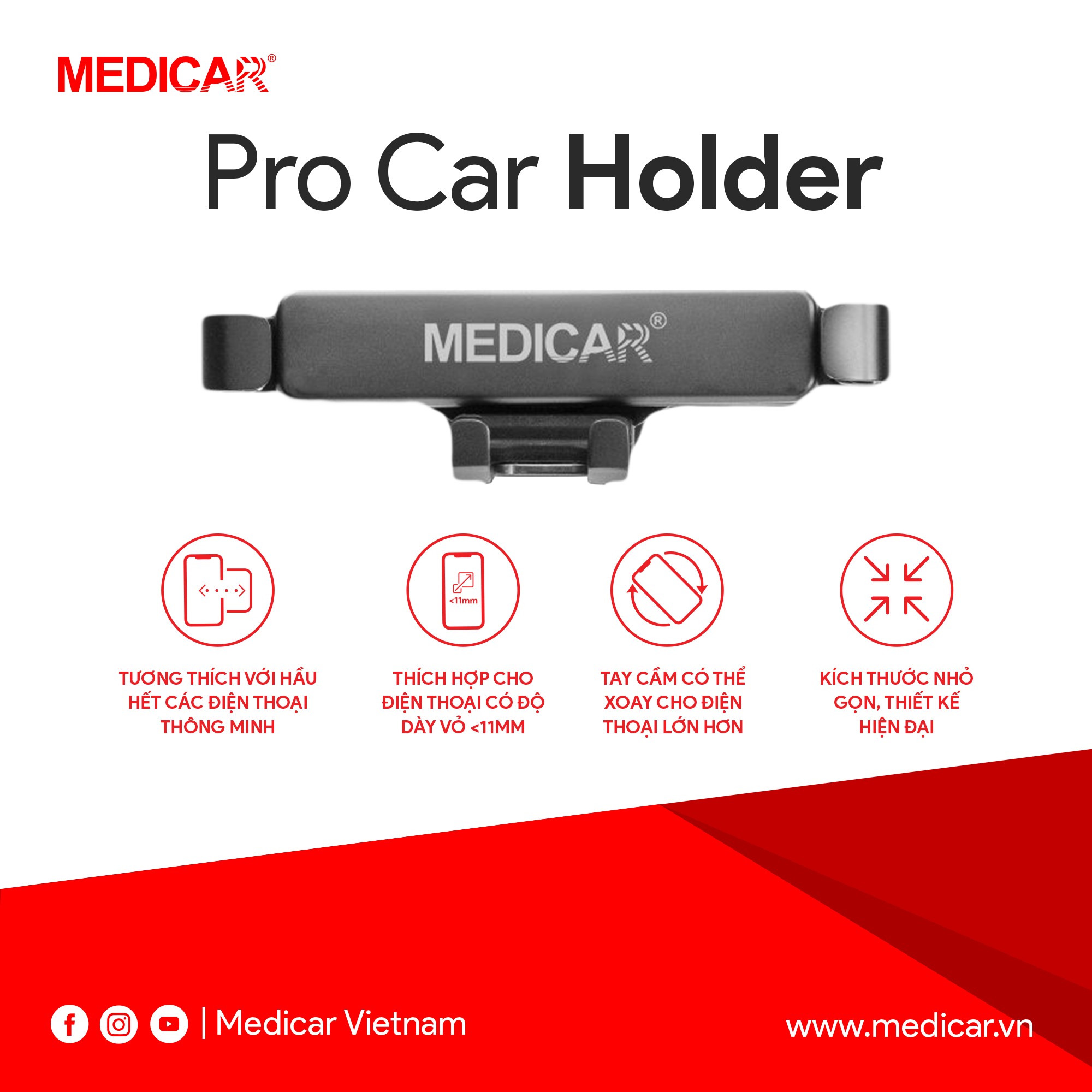 Giá đỡ điện thoại trên ô tô thế hệ mới Medicar - cứng cáp, chống rung, xoay 180 độ