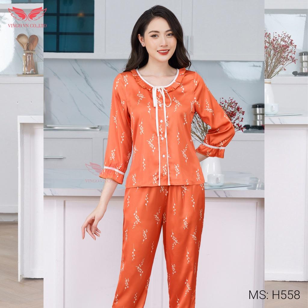 Bộ Đồ Ngủ Pyjama Nữ Mặc Nhà VINGO Lụa Pháp Cao Cấp Tay Lỡ Phối Nơ Quần Dài Thu Đông Họa Tiết Hoa Trắng Xanh H558 VNGO