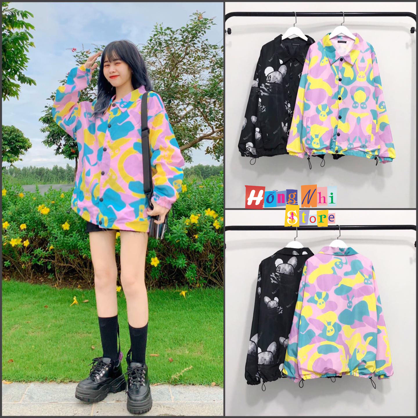 Áo Khoác Dù 3D Nút Bóp Dáng Rộng Unisex - Khoác Dù In Hình Mickey Nút Gài Dây Rút Dáng Dài - MM