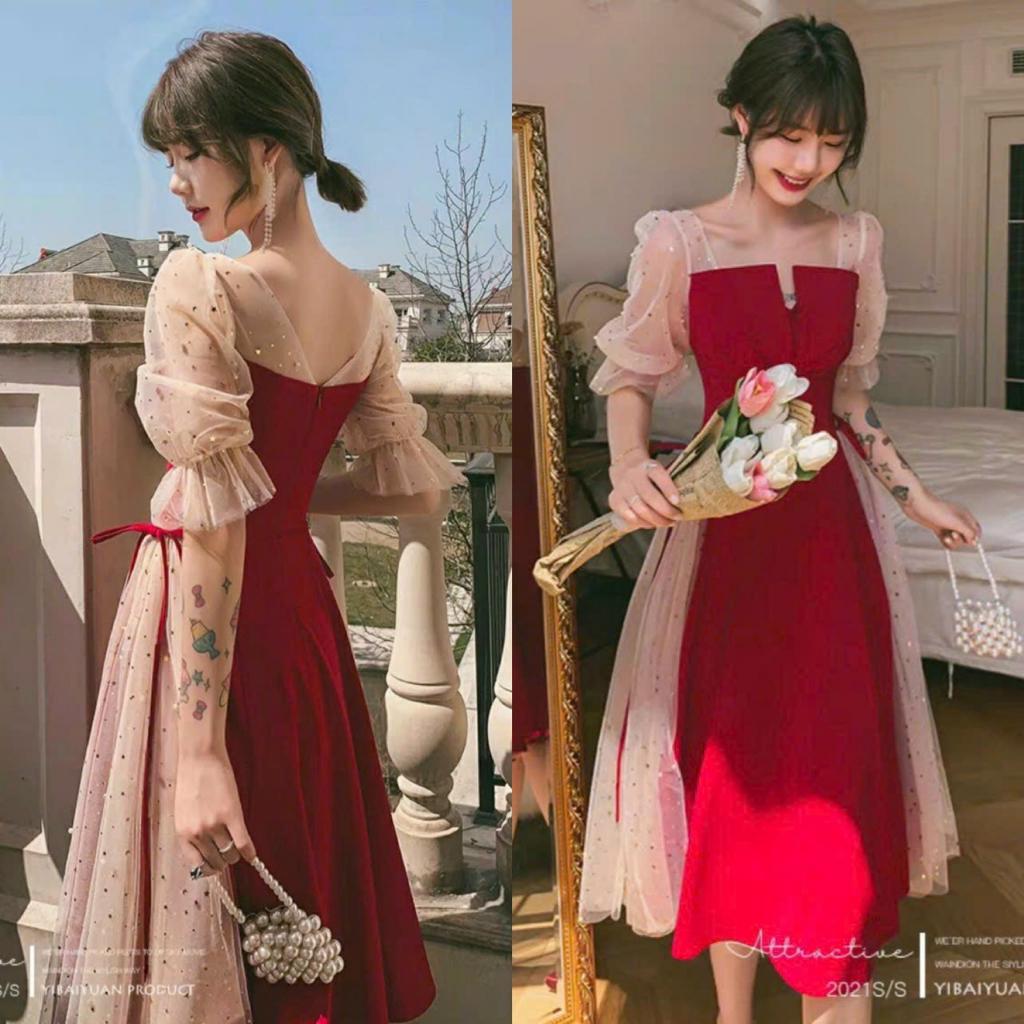 Váy đầm nữ dáng xòe cổ V phối lưới kim sa cột nơ xinh xắn