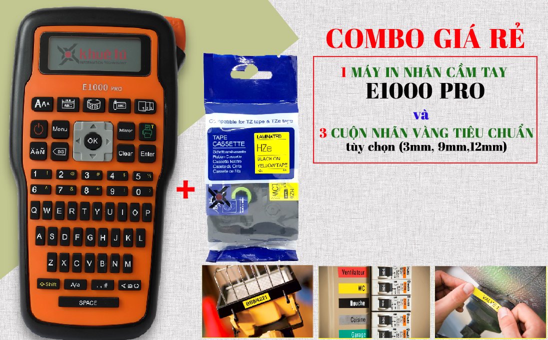 COBOM GIÁ RẺ - MÁY IN NHÃN E1000 PRO CHÍNH HÃNG VÀ 3 CUỘN NHÃN IN CHỮ ĐEN NỀN VÀNG KHỔ 6mm, 9mm,12,mm