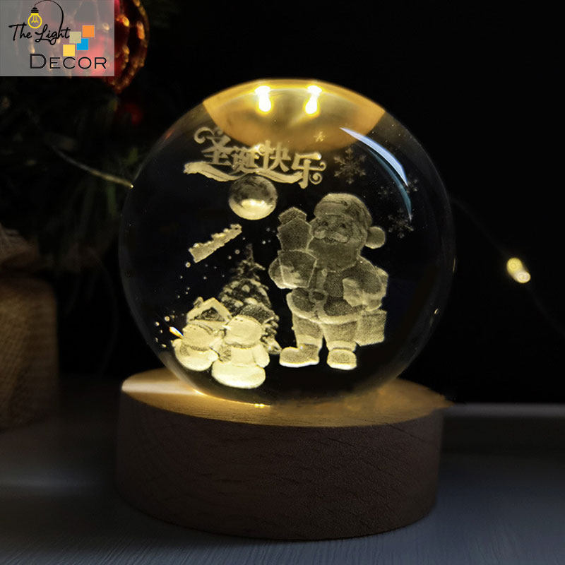 Bộ Quà Tặng Giáng Sinh 2023 Quả Cầu Pha Lê 3D Đèn Led Noel 6cm (Kèm đế đèn + hộp quà)