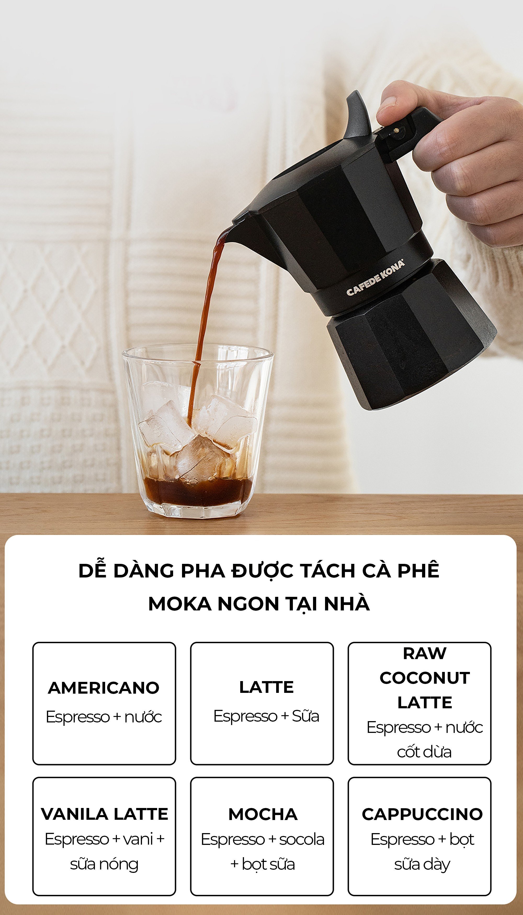 Bình moka nhôm 2 cup 90ml màu đen CAFE DE KONA