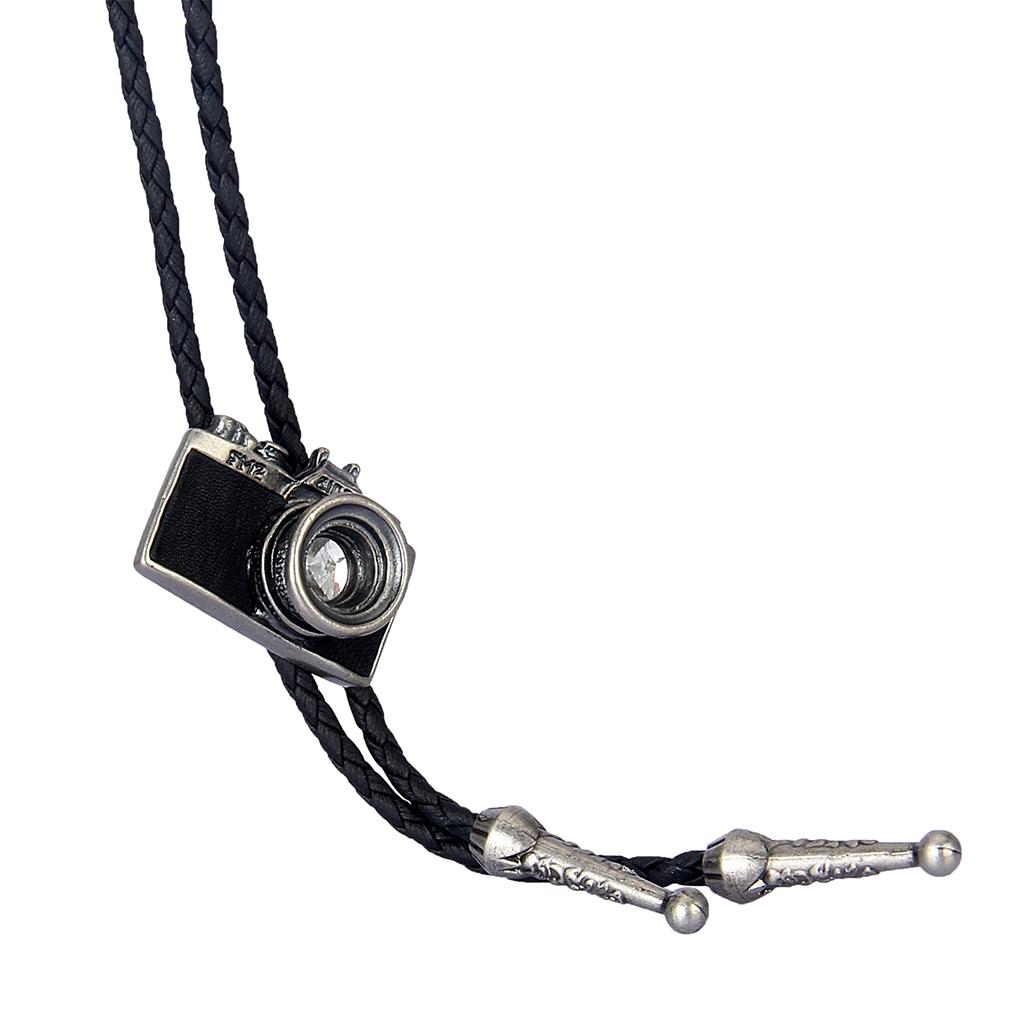 Leather Necktie with Camera Pendant Cord Bolo Tie Rope Necklace for Women and Men