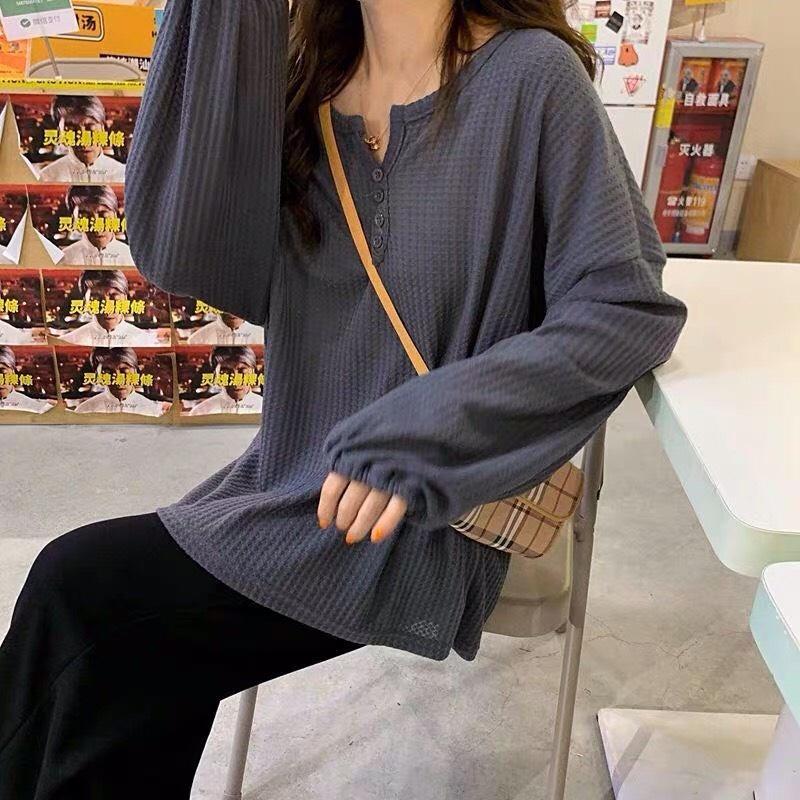 Áo Ulzzang Thun Len Mỏng Tay Bo Cúc Cài Dáng Rộng Cổ V