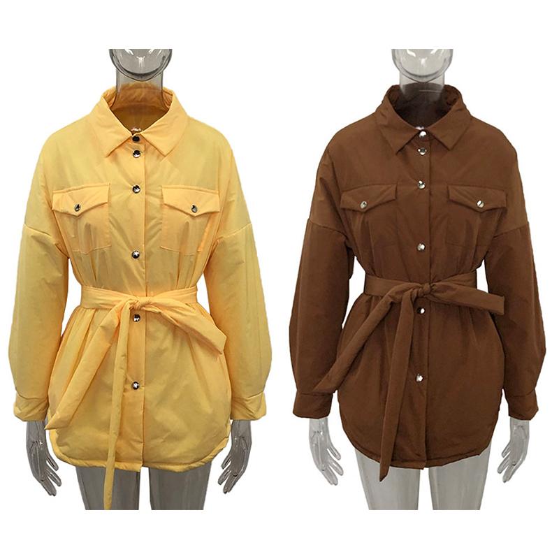 Cổ Gập Parkas Thời Trang Nữ Phối Dây Áo Khoác Nữ Thanh Lịch Chắc Chắn Túi Trước Cotton Áo Khoác Nữ Nữ
