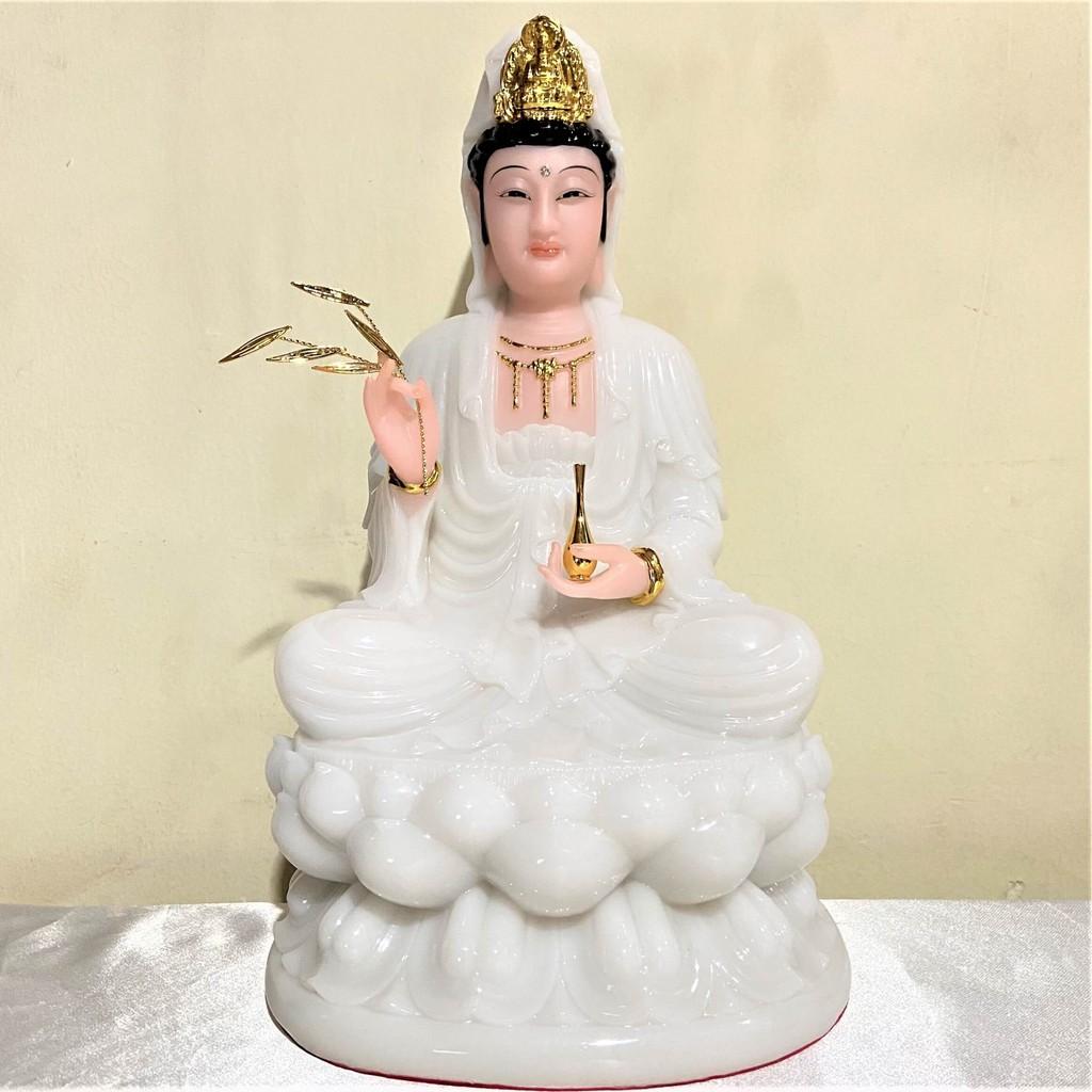 Tượng Phật Quan Âm Đá Trắng Ngọc Cao 30cm