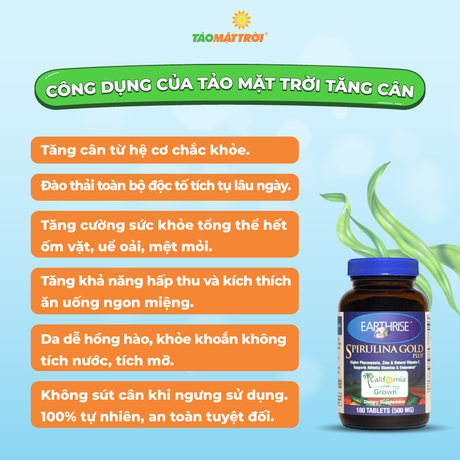 Tảo Mặt Trời Earthrise Spirulina Gold Plus - Tăng cân chắc khỏe từ hệ cơ, an toàn tự nhiên, nhập khẩu nguyên hộp - Lọ 360 viên