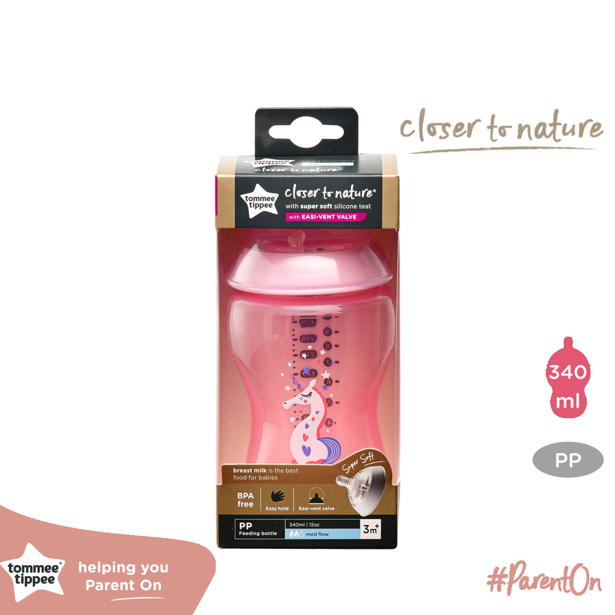 Bình sữa ty siêu mềm tự nhiên Tommee Tippee Closer to Nature 340ml, núm ty đi kèm 3-6 tháng - Hồng