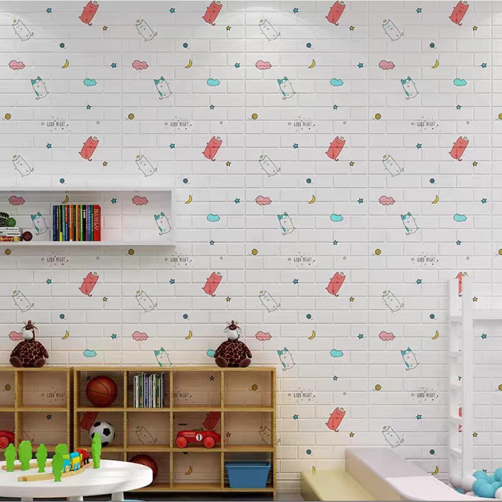 Bộ 10 Tấm Xốp Dán Tường Hoạt Hình Mèo Ú Dễ Thương, Kích Thước 70cm x 77cm