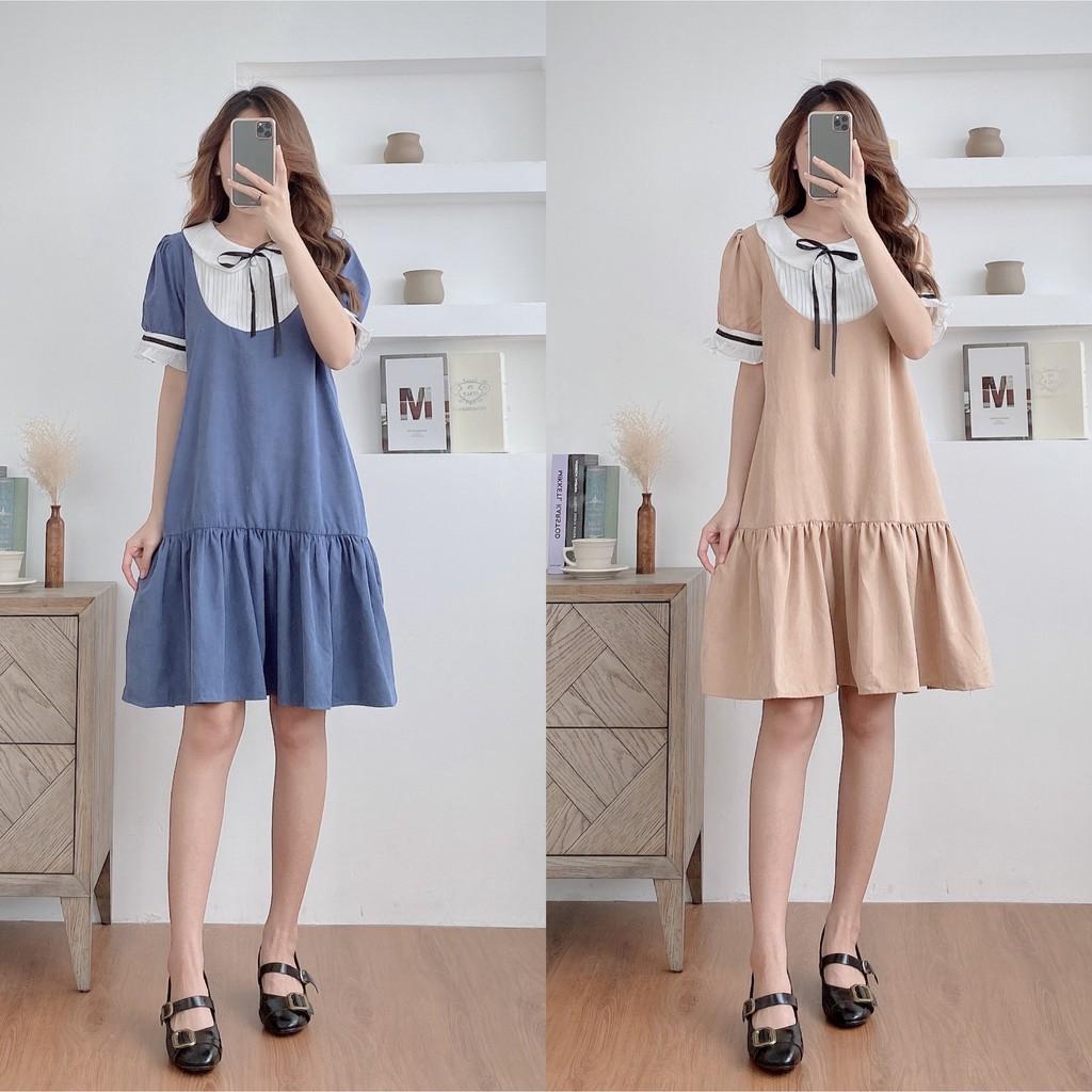 Váy suông đuôi cá, cổ sen xếp ly buộc nơ, đầm xuông bầu rộng tay bo phồng 2 màu mã V187 - Michi's House