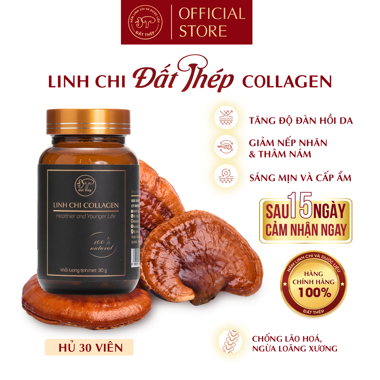 Collagen Nấm Linh Chi Đất Thép dạng viên 30 viên - Chống lão hoá - Giảm nám - Làm sáng da