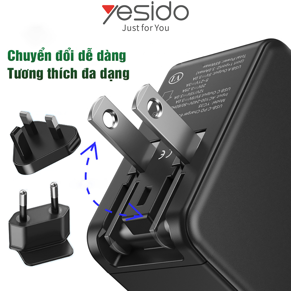 Củ sạc siêu nhanh GaN 65W Yesido YC-35 Kèm 2 đầu cắm chuyển Hàng chính hãng