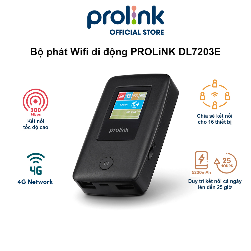 Bộ phát Wifi di động PROLiNK DL7203E dùng SIM 4G LTE 150Mbps, pin 5200mAH - Cổng RJ45 - Nâng Cấp Cổng Sạc TypeC - Hỗ Trợ Nano Sim