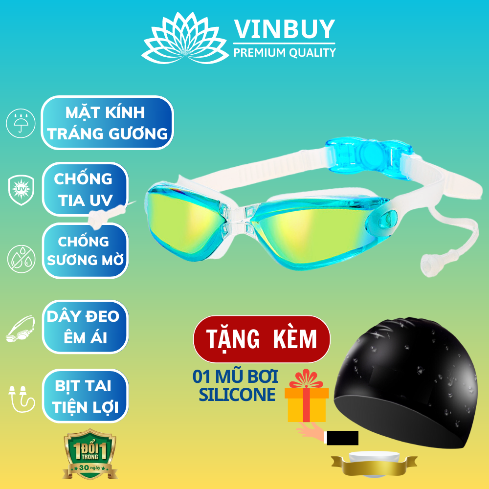 Kính Bơi Tráng Gương kèm bịt tai cao cấp VinBuy chống sương mù, chống tia UV Hàng chính hãng - Tặng kèm nón bơi Silicon
