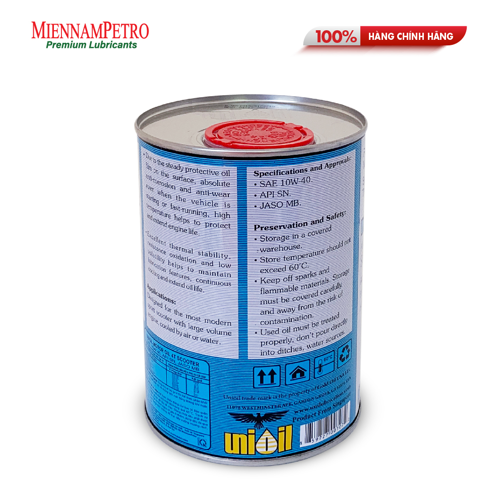 Dầu Nhớt Tổng Hợp MiennamPetro Unioil Motor Oil 4T Scooter 10W-40 API SN JASO MB 0.8L Cao Cấp Dành Cho Xe Tay Ga