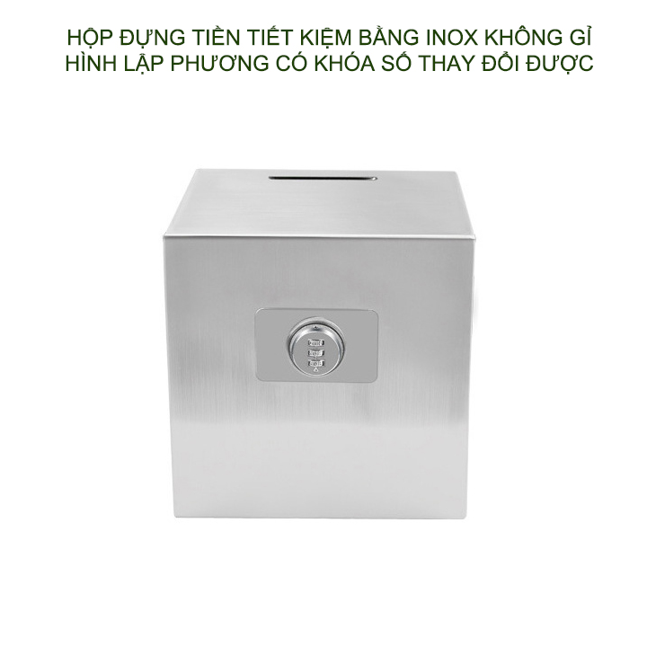 Hộp để tiền tiết kiệm trang bị khóa số thay đổi được, làm bằng inox 201, hình lập phương với nhiều kích cỡ tùy chọn