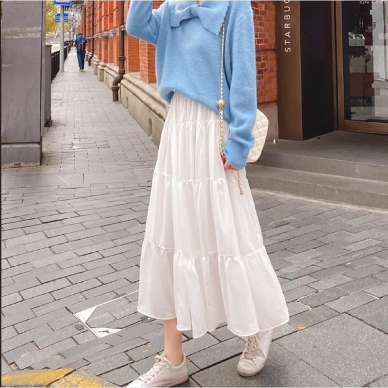 Chân váy voan xoè dáng dài phong cách ulzzang thời trang nữ có lót trong màu trắng đen -CV017