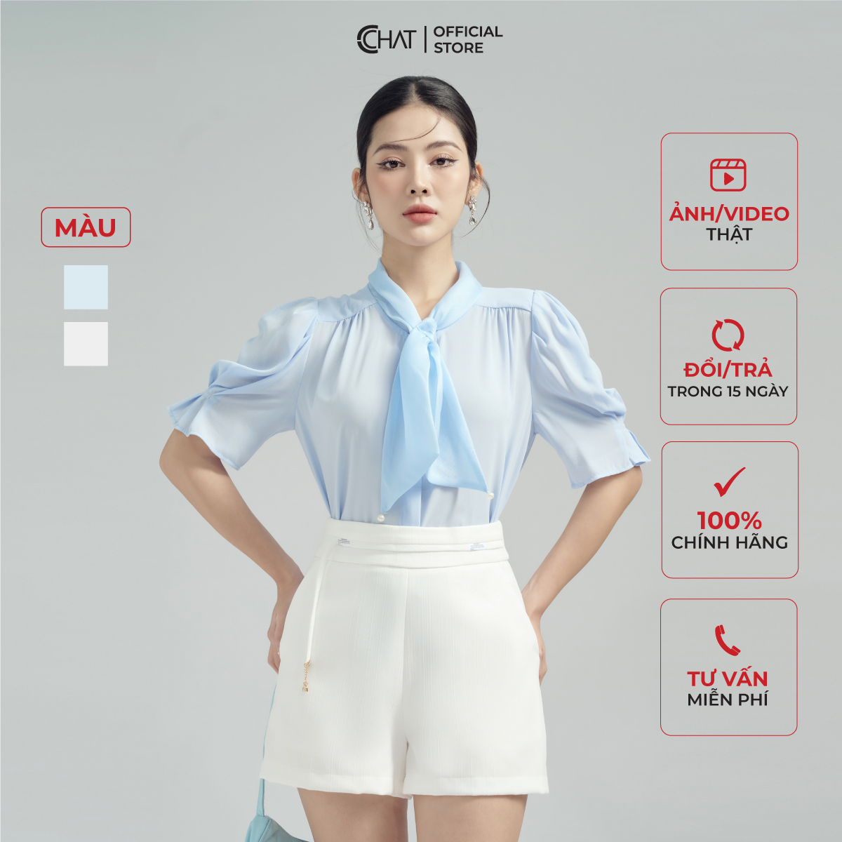 Áo Sơ Mi Nữ  Kiểu Cổ Dây Tay Bồng Dáng Suông Chất Voan Mềm Nhẹ 53FNH8005ST