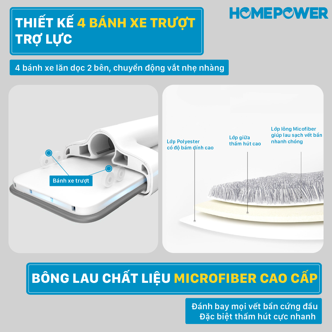 Cây lau nhà Phun nước + Tự vắt 2 trong 1 HOMEPOWER CS-02, Chất liệu nhôm cao cấp, thiết kế sang trọng hiện đại