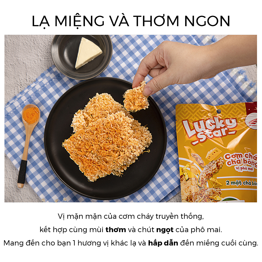 Cơm cháy chà bông vị phô mai đồ ăn vặt dinh dưỡng Lucky Star gói 50g thơm ngon đậm vị, cơm cháy Việt Nam đảm bảo ATTP