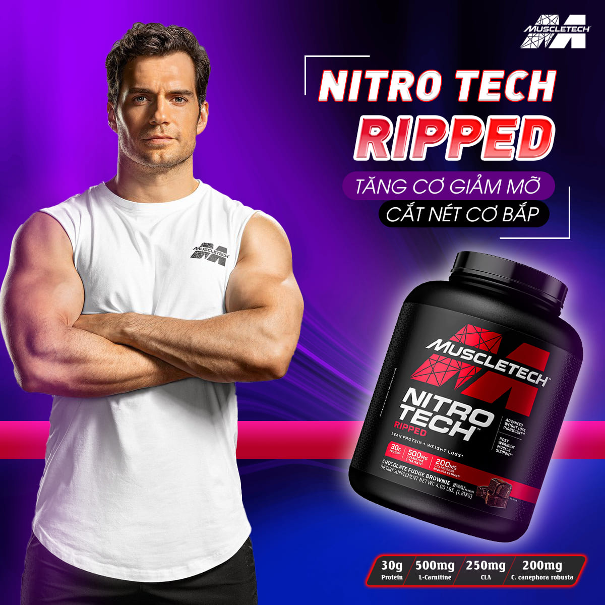 Sữa tăng cơ, giảm mỡ Muscletech Nitro Tech Ripped - Hộp 4lbs (1.8g) – Hỗ trợ phục hồi, phát triển cơ bắp, giảm mỡ thừa cho người tập thể hình và thể thao - Hàng chính hãng Muscletech USA - Mùi Chocolate - Kèm Quà Tặng