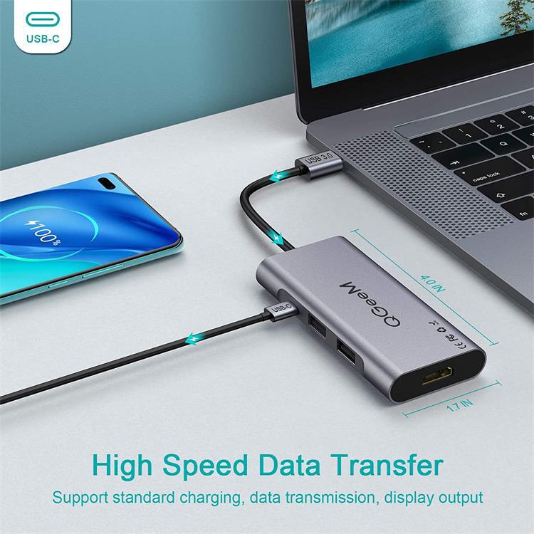 Bộ thiết bị Hub chuyển đổi chia USB 3.0 QGeeM 7 trong 1 4K sang HDMI, 3 x USB-A, 1 x USB-C sạc nhanh PD 100w, 1 khe đọc thẻ SD&TF hỗ trợ HDMI và tương thích với Chromebook Thunderbolt - Hàng Nhập Khẩu