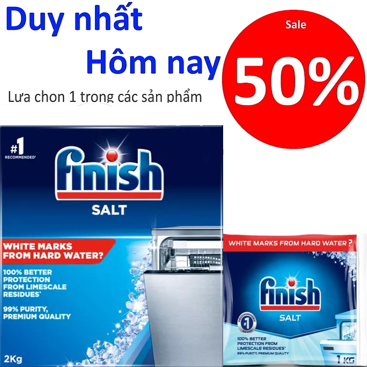 Muối rửa bát Finish 2kg Dishwasher Salt, Muối finish làm mềm nước 1kg dùng cho máy rửa bát