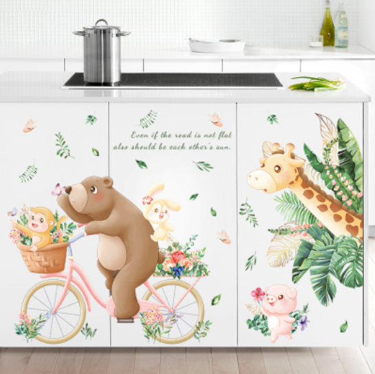 Decal trang trí tường - Chú gấu nâu đạp xe đạp và những người bạn
