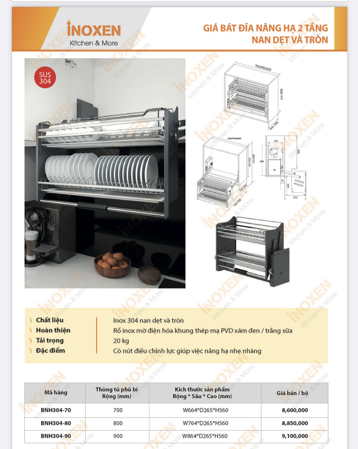Giá bát đĩa nâng hạ 2 tầng BNH304-800