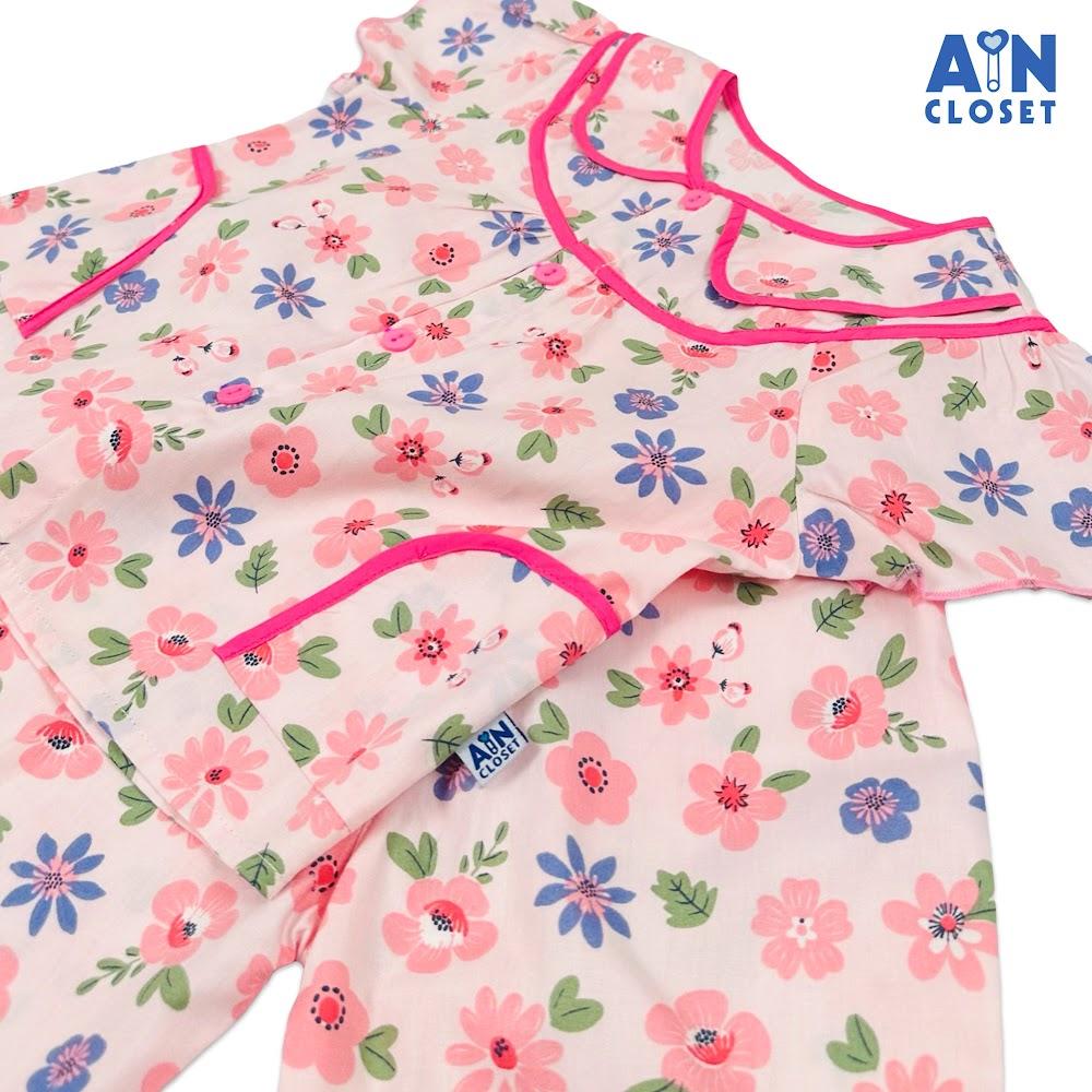 Bộ quần áo Dài tay ngắn bé gái Hoa Pansy Hồng Xanh cotton - AICDBG7OCAAT - AIN Closet
